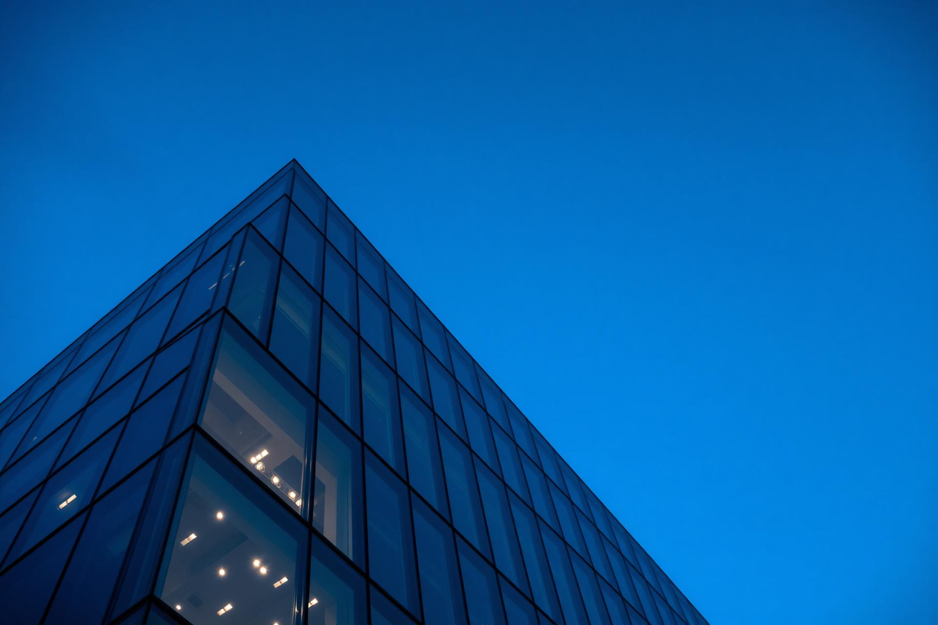 Contemporary architectural facade at dusk